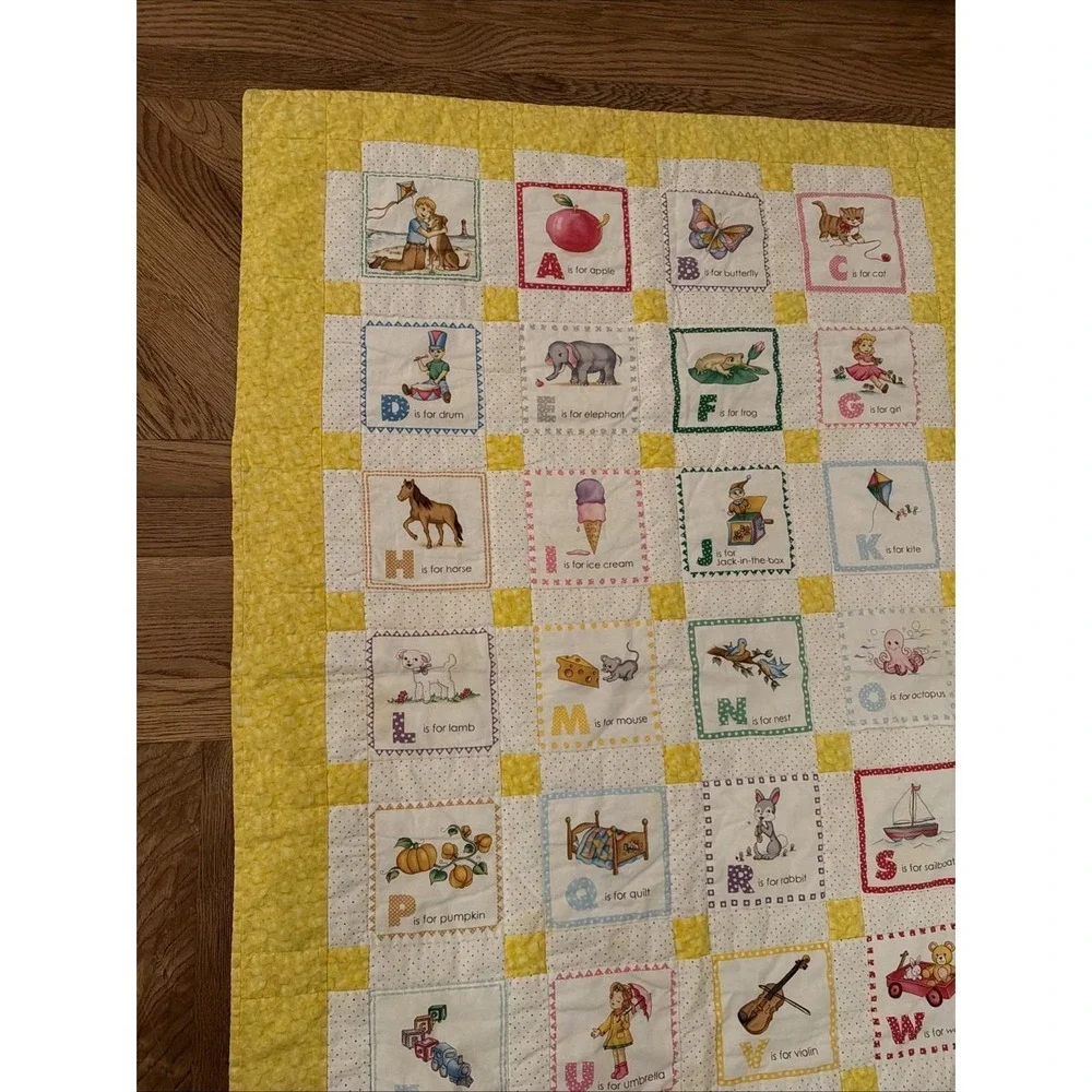 Handmade Children's Alphabet Yellow White Quilt Squares Handprint Back 48.5